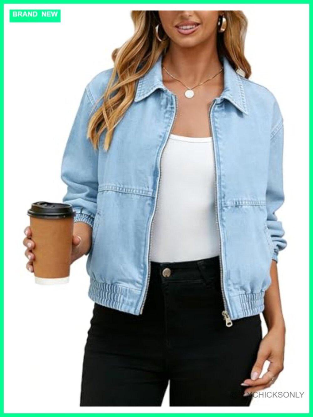 Cropped Zip Up Denim Bomber Jacket Elastic Hem Cuffs Stretch Jean Coat